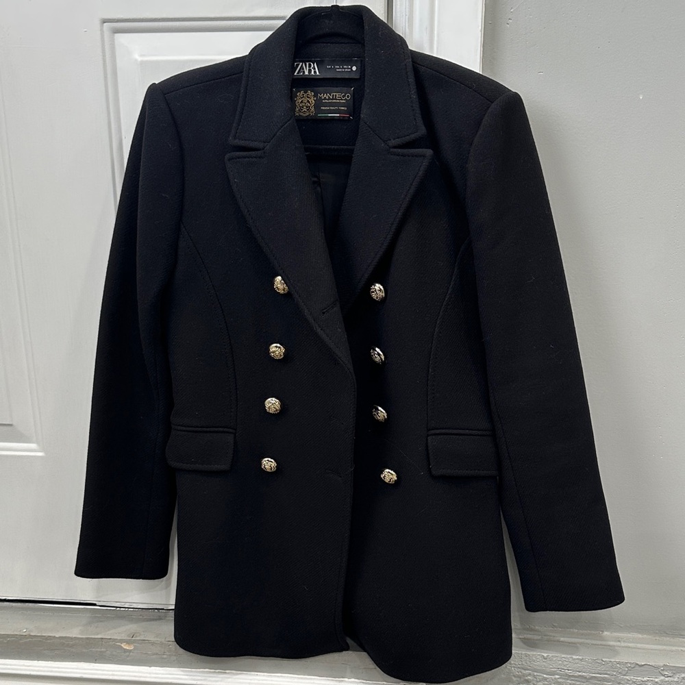 Zara Black Double-Breasted Blazer with Gold Buttons